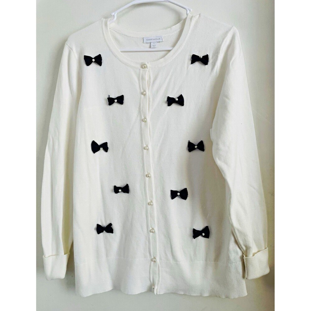 Charter Club Women's L White Solid Knit Crew Neck Long Sleeve Bow Cardigan